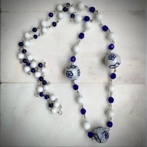 Blue white ceramic ball and crystal necklace